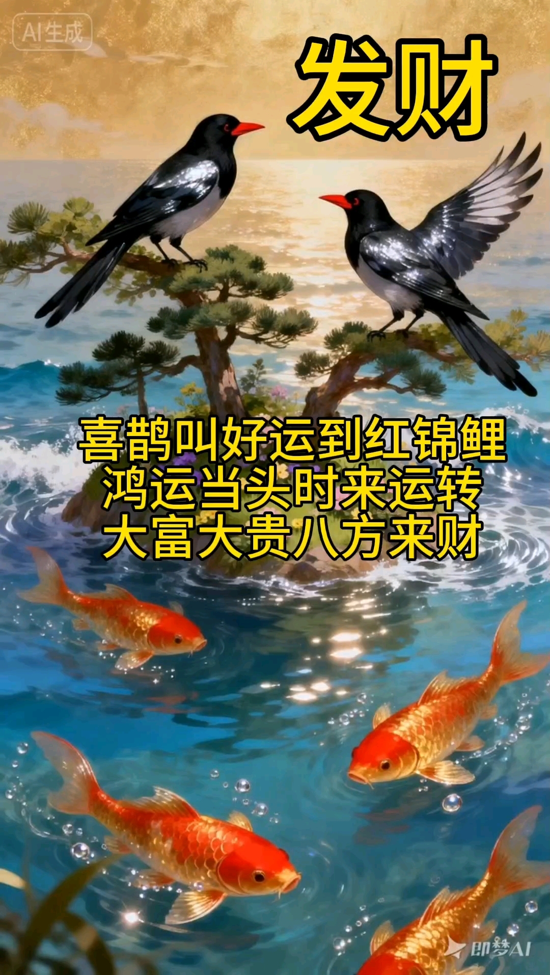 喜鹊叫好运到，红锦鲤鸿运当头八方来财