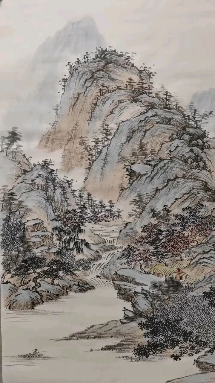 山水画里藏着仙境？这画师是神仙下凡吧！#水墨山水画# #国画写意# #山高水长#