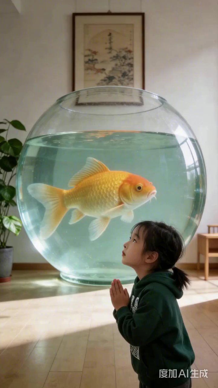 金鱼池中的奇幻时刻,小女孩的好奇和探索