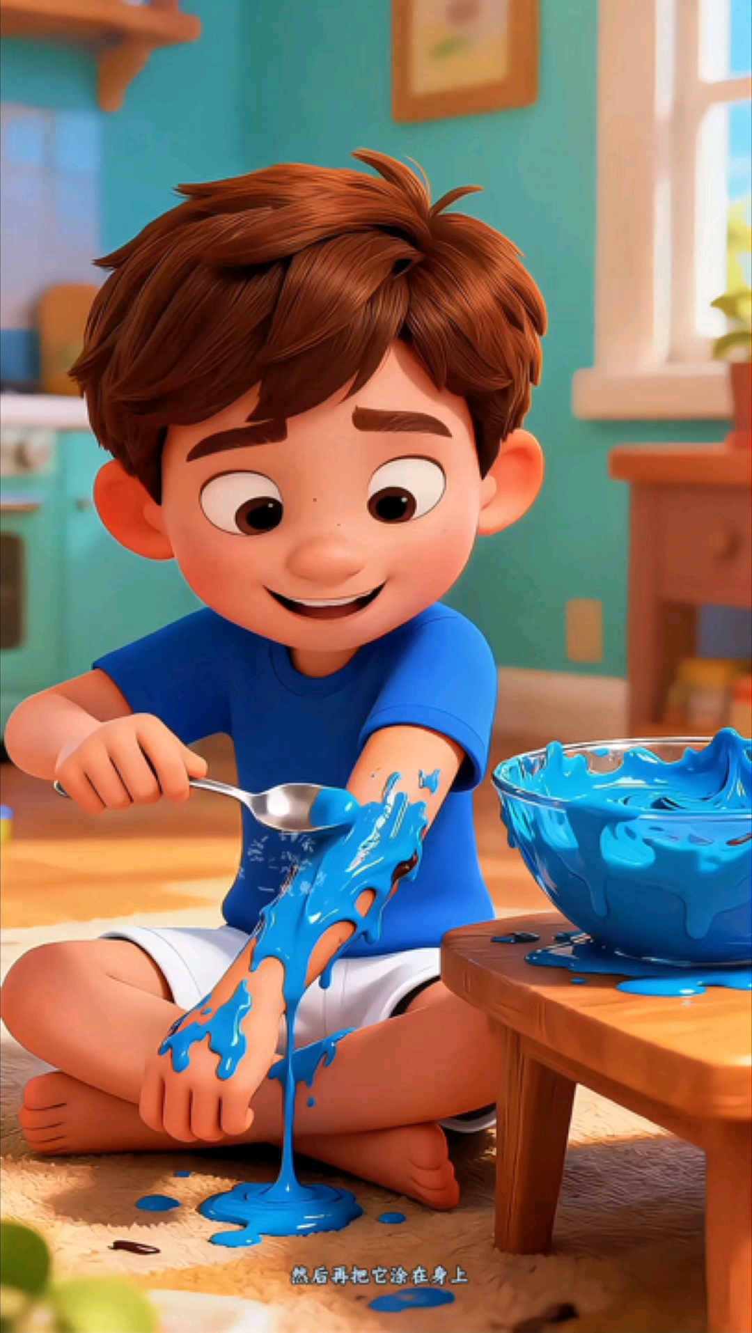 哥哥用蓝莓巧克力酱涂抹做衣服