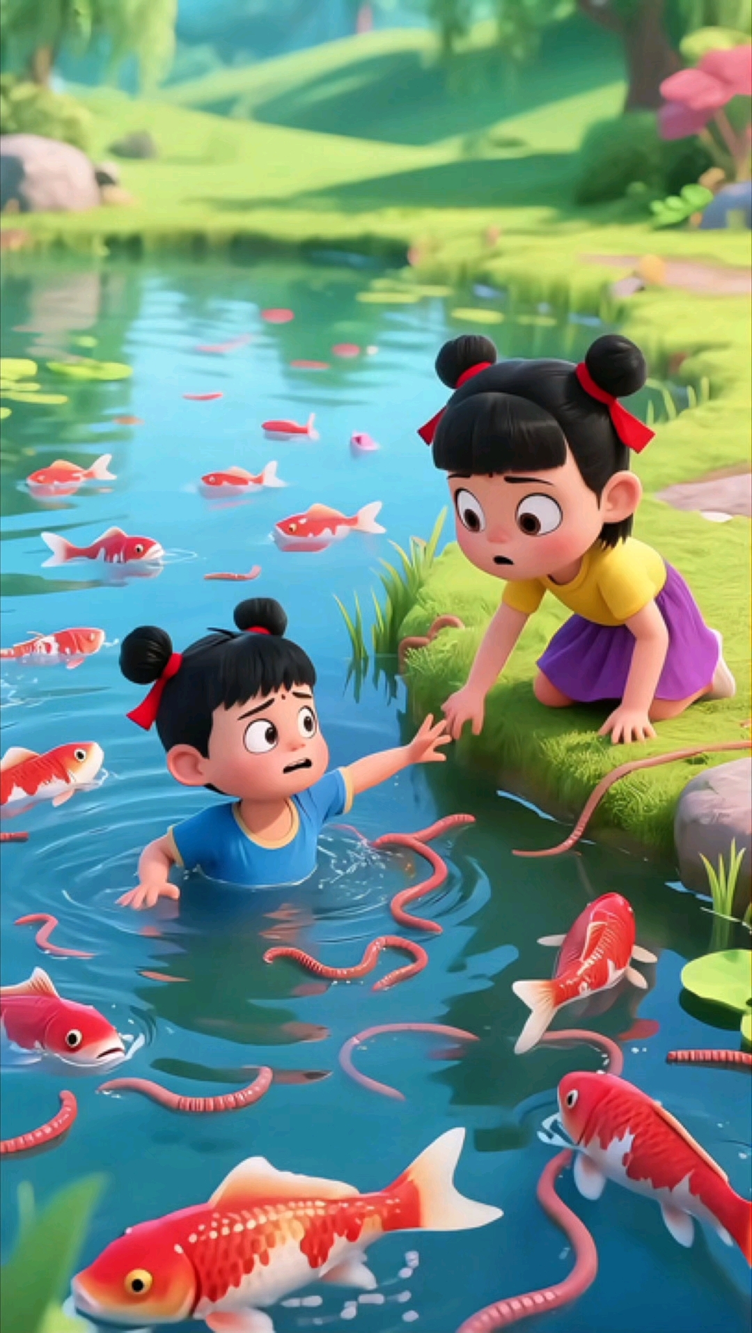 鲤鱼咬住小男孩的手了