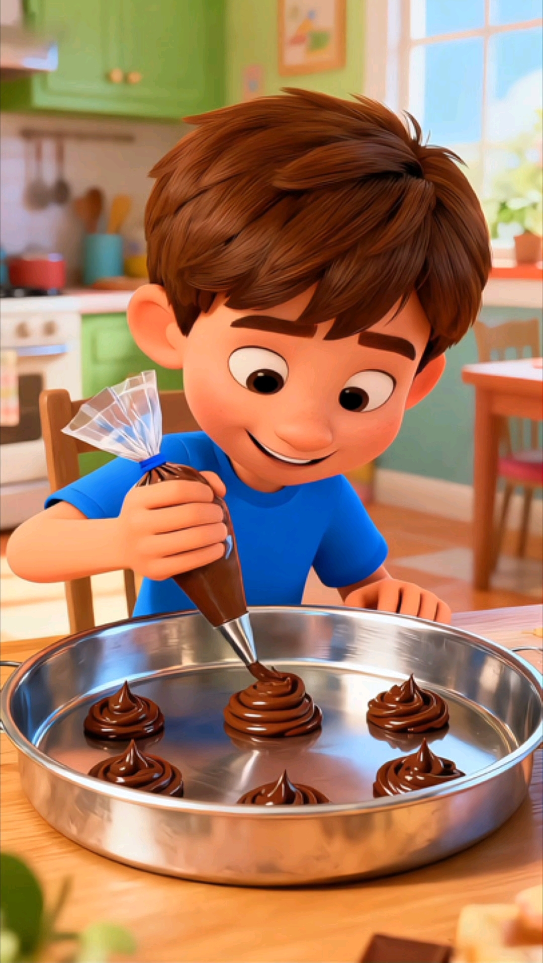 小男孩用裱花袋装巧克力酱