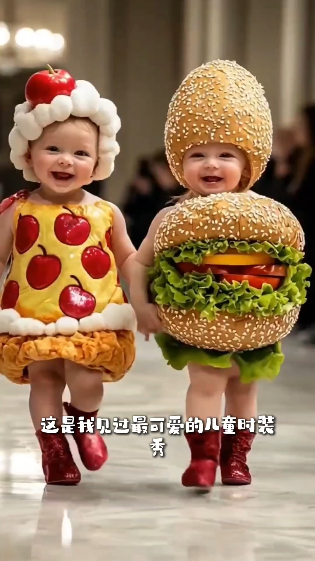 可爱的儿童时装秀,运用了食物水果饮料等元素设计,让人眼前一亮