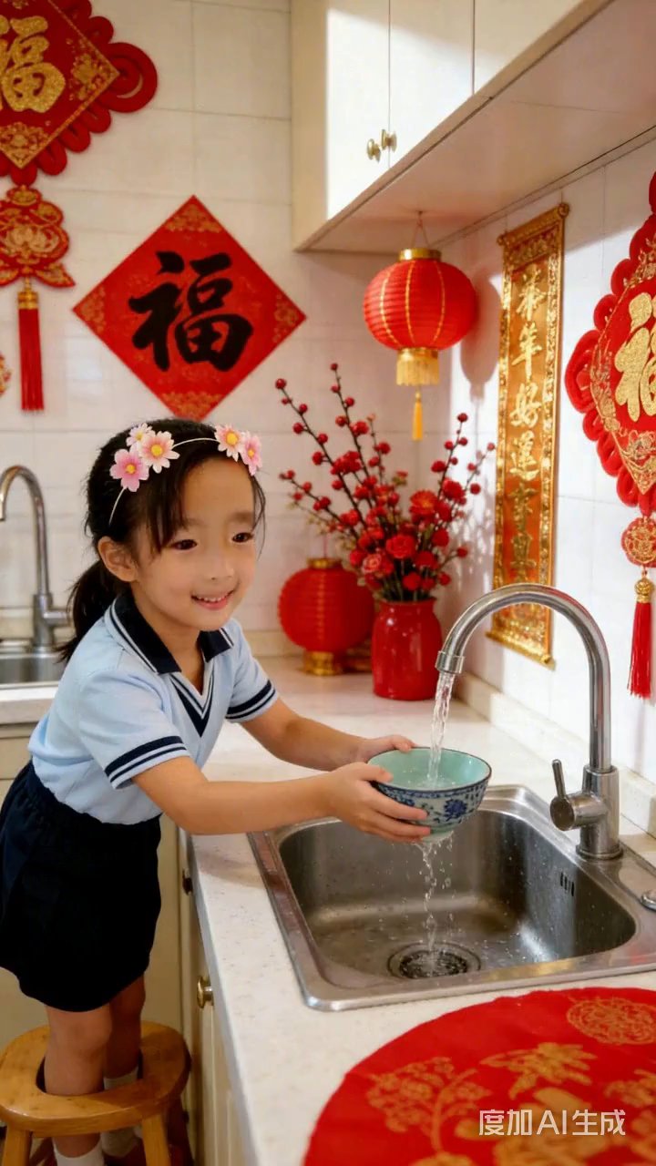 小女孩在擦桌子，新年快乐！