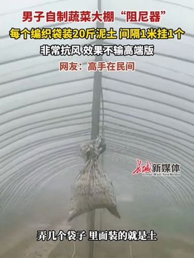 3月2日报道,河南开封,男子自制蔬菜大棚“阻尼器”,就地取材,每个编织袋装20斤泥土间隔1