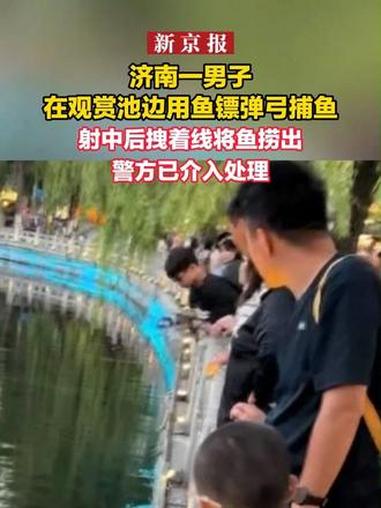 济南一男子在观赏池边用鱼镖弹弓捕鱼，射中后拽着线将鱼捞出，警方已介入处理