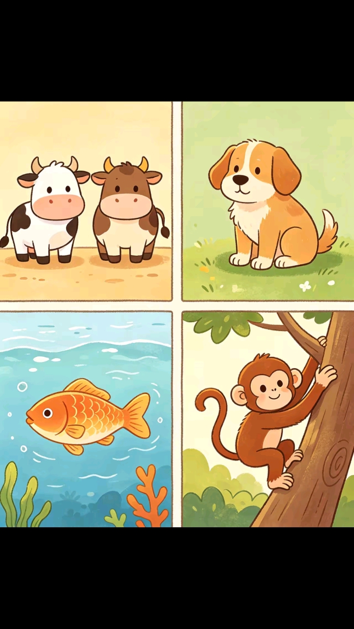 看图猜成语啦，画面里依次是牛、狗、鱼、猴，把动物谐音连起来，聪明的朋友快来猜猜谜底是什么？