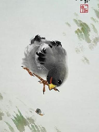 国画水墨小鸡 一笔水墨画小鸡看蜗牛 画画 国画 花鸟画 水墨画 小鸡