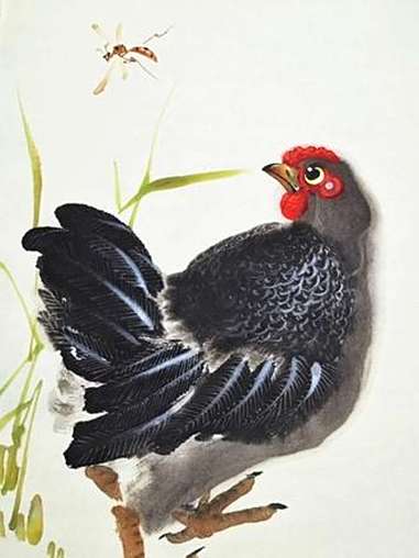 国画母鸡追蜂 田园风格新水墨 上热门 国画 写意花鸟 水墨画 母鸡
