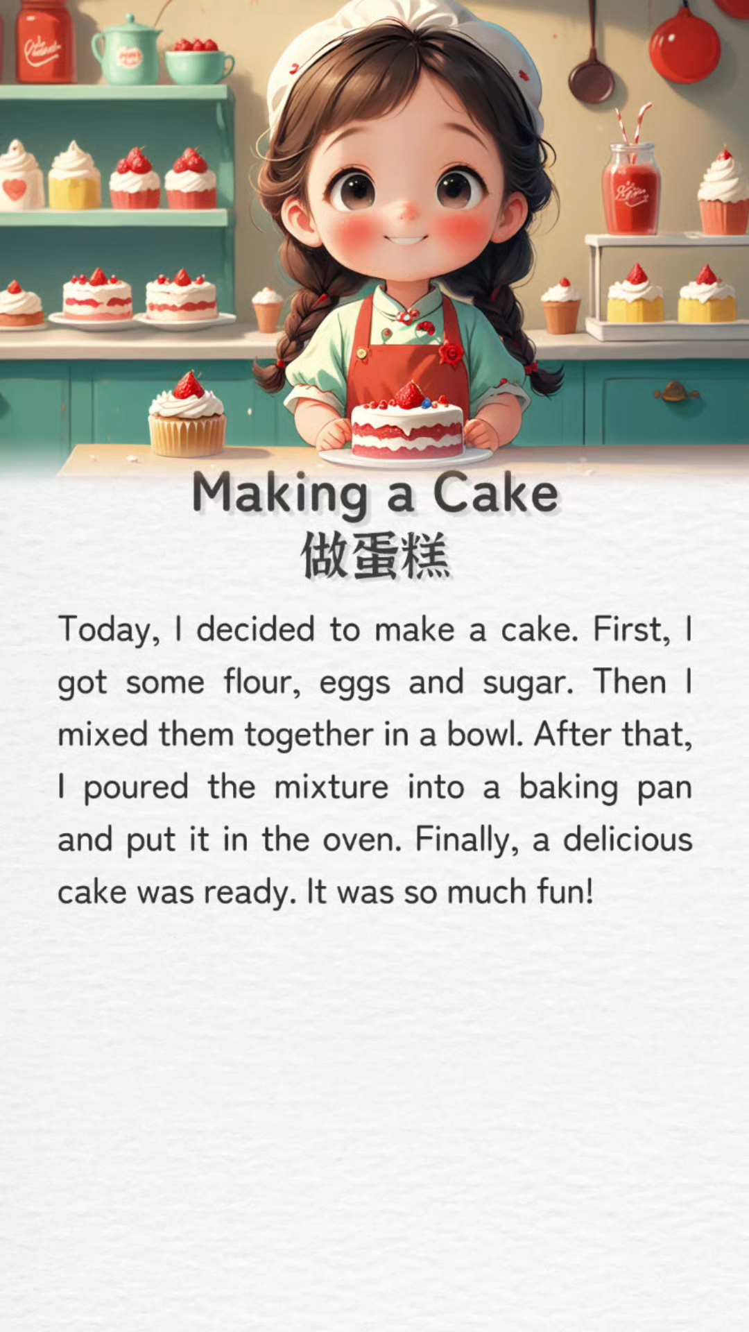 英语小短文:烘焙乐趣,做个蛋糕