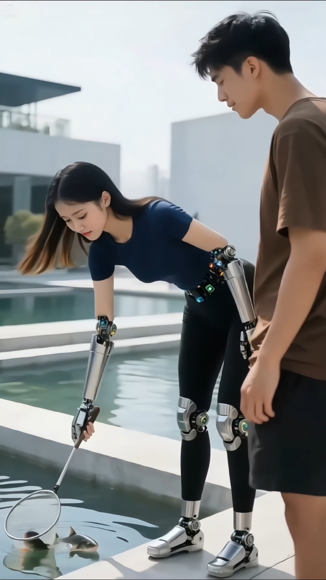 美女机器人在鱼塘喂鱼