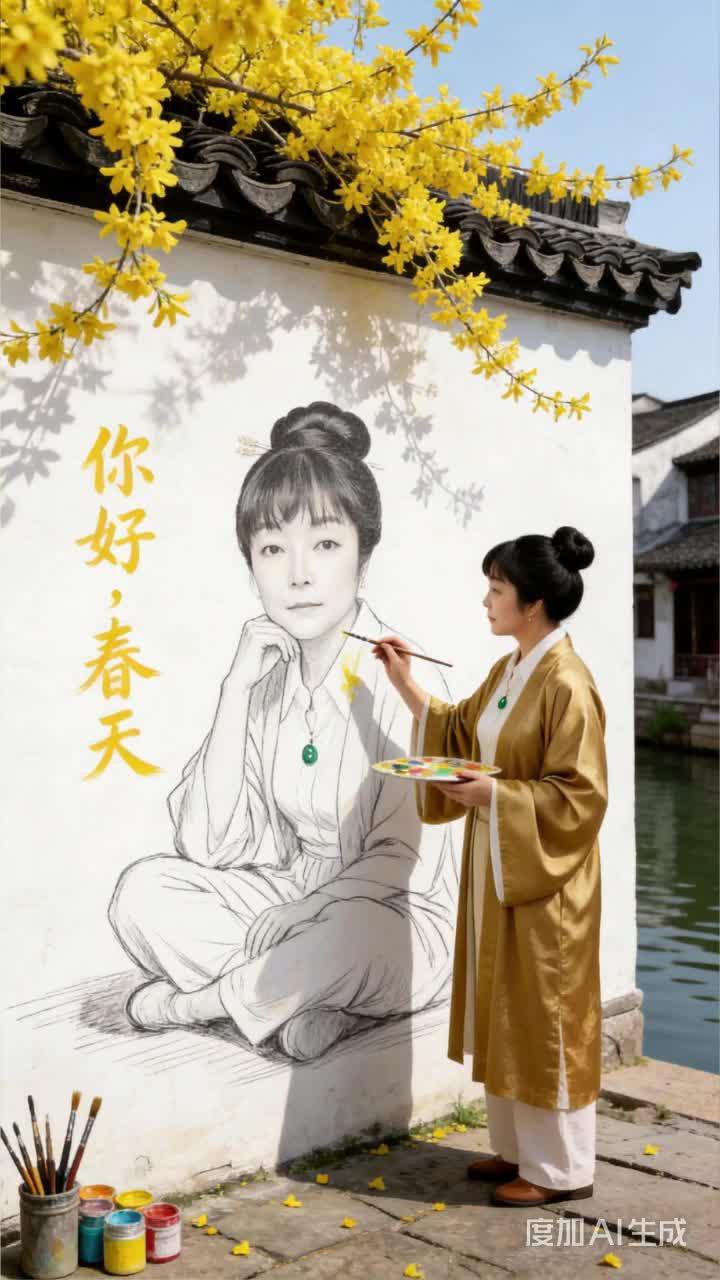 春色满墙画无边，画中春景入画间
