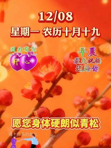 今天是12月8日,农历十月十九,愿您身体硬朗似青松,笑容常开如暖阳;儿孙满堂绕膝欢,柴米油