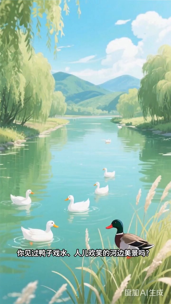 鸭子戏水孩童欢笑,夕阳下的河边美景如画