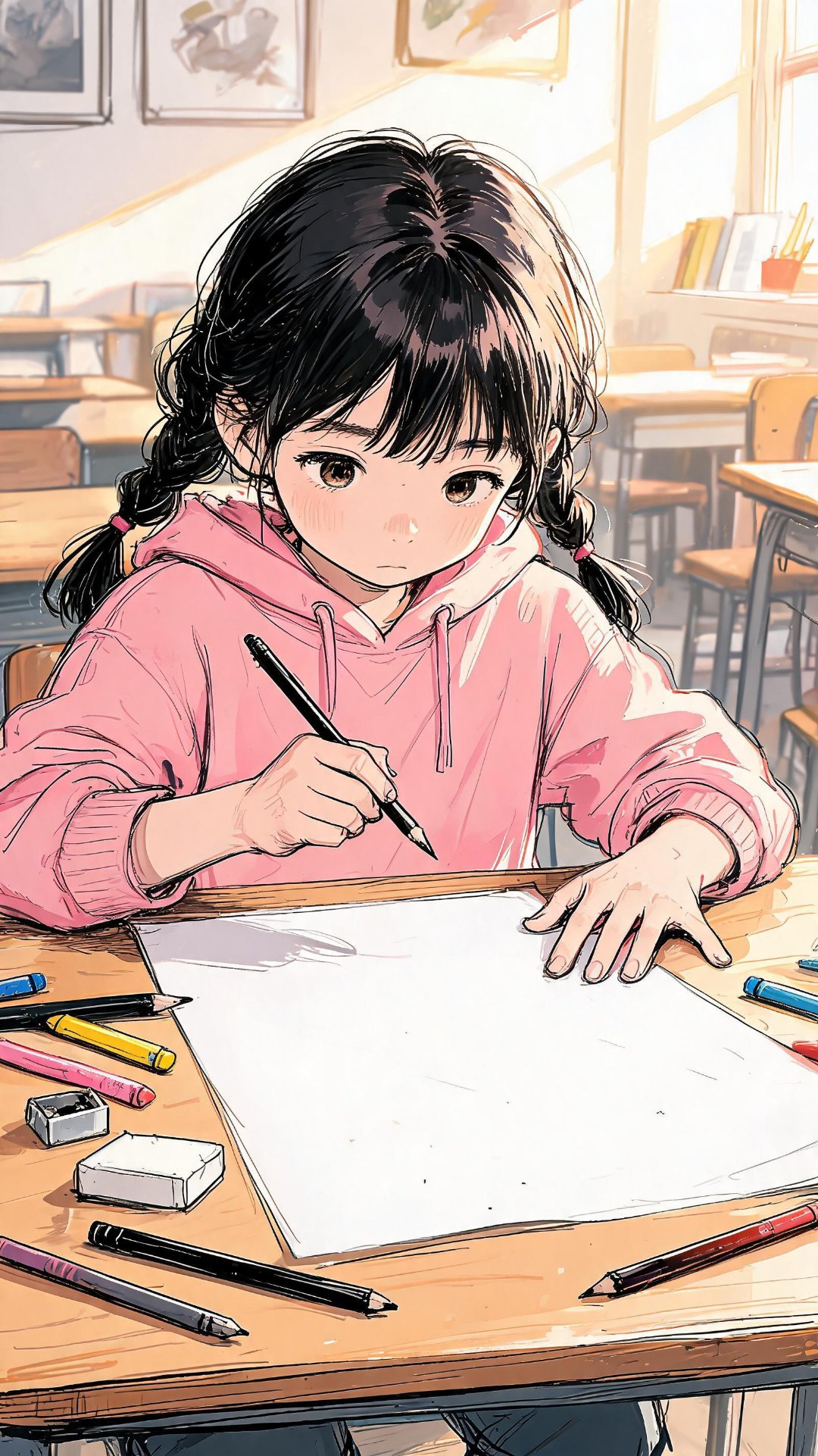 炭笔勾勒鱼儿轮廓,粉彩晕染水中灵动
