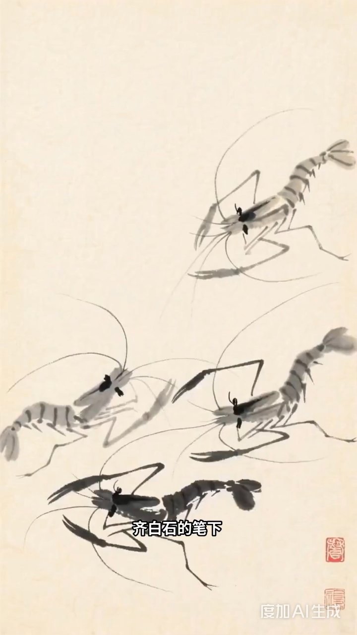 齐白石笔下虾群活灵活现，水墨动画演绎生命律动