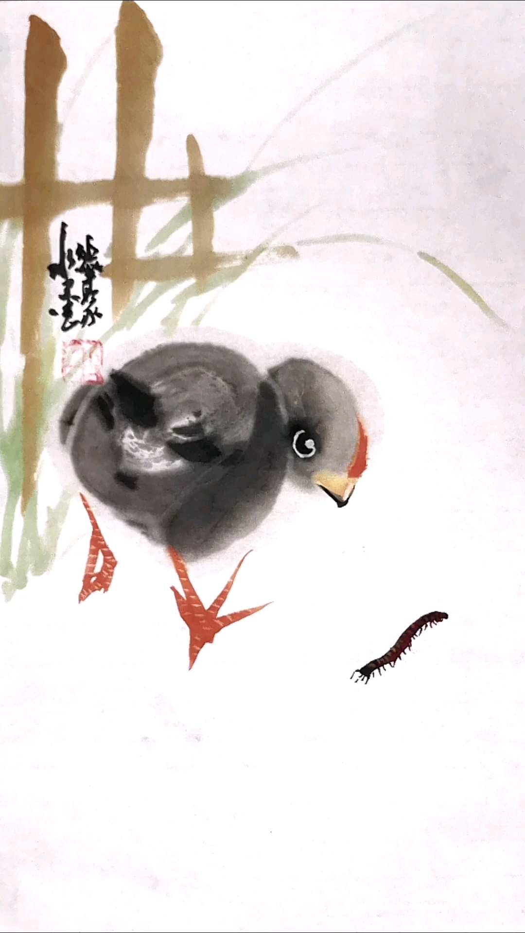 画一只小鸡捉虫,活泼机灵!