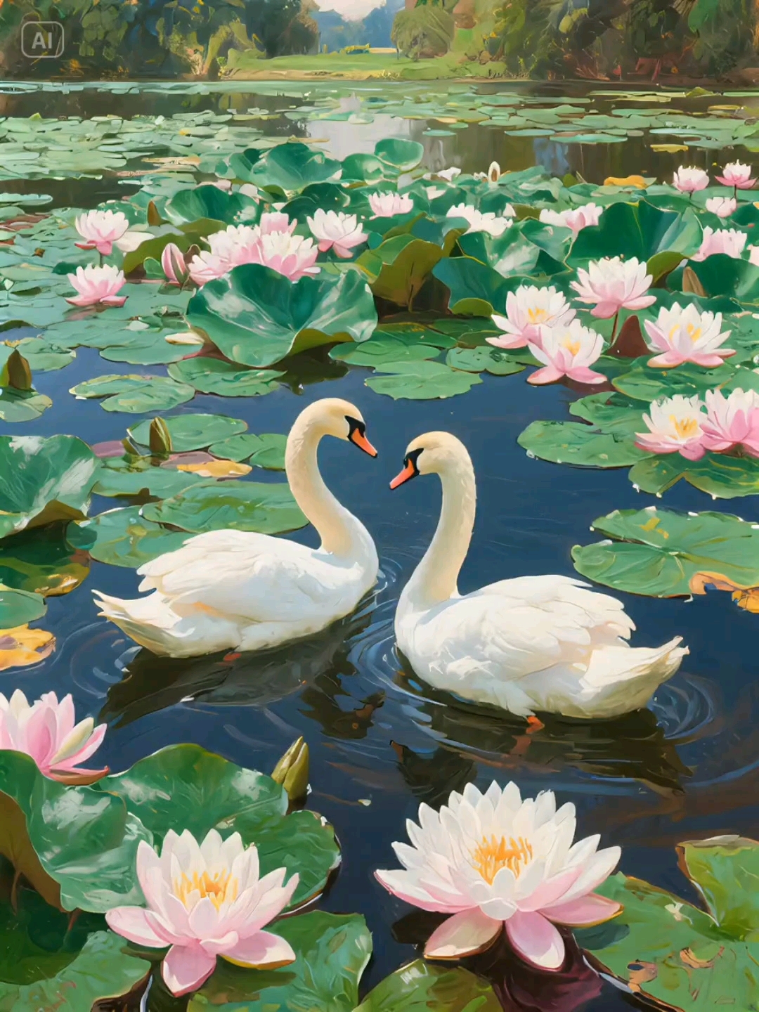 两只白色天鹅戏水