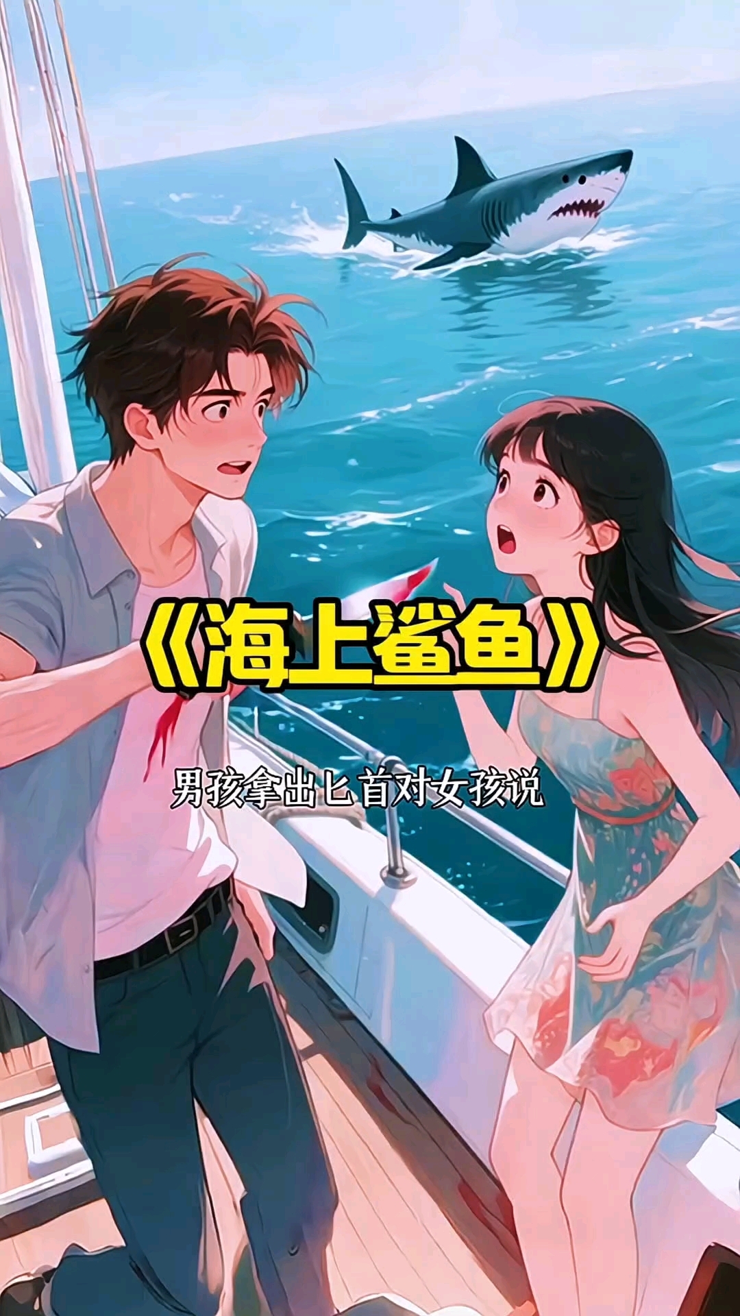 一对情侣在海上遇到了鲨鱼