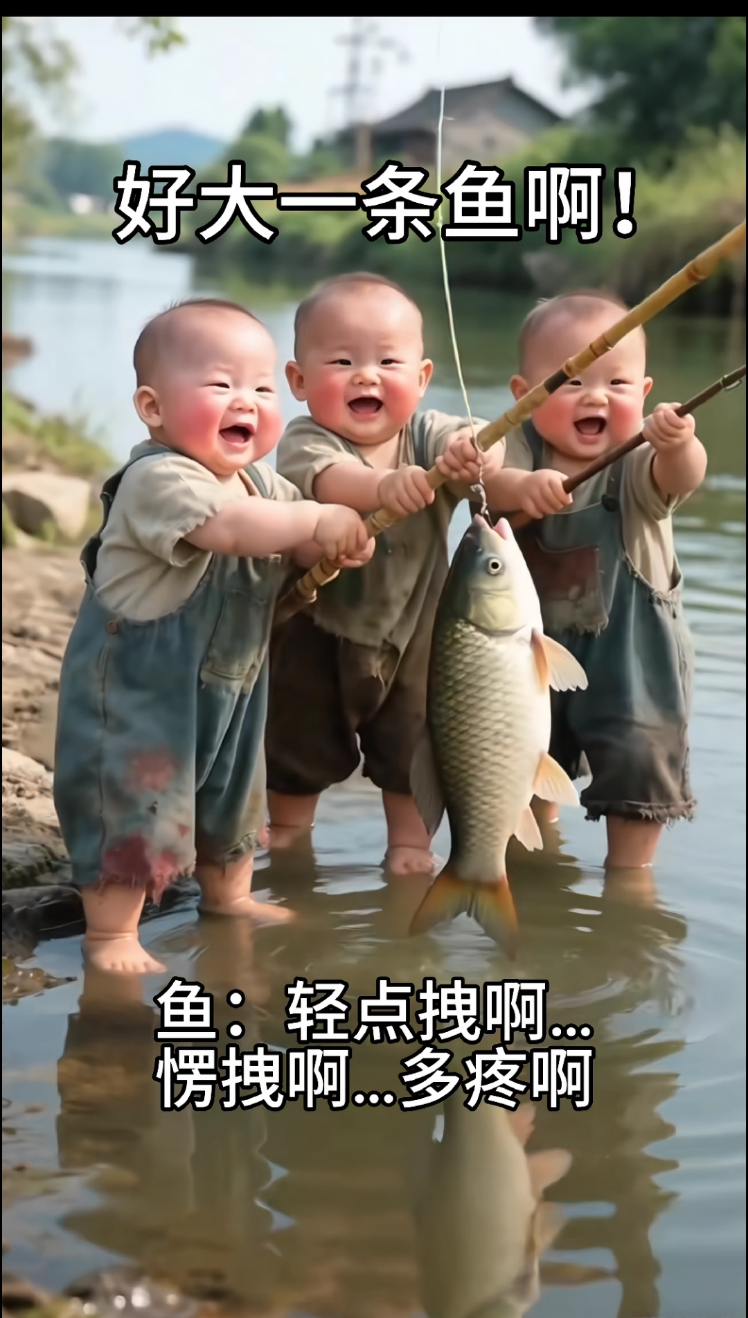 三个可爱萌娃去河边钓鱼，鱼儿亲自下油锅