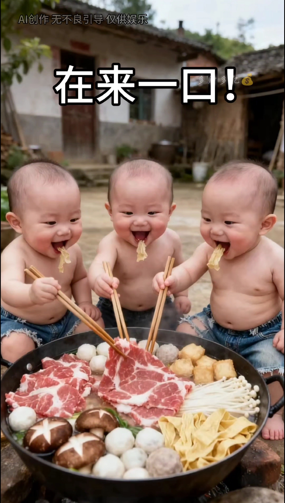 治愈!三个可爱萌娃一起购买食材吃涮锅