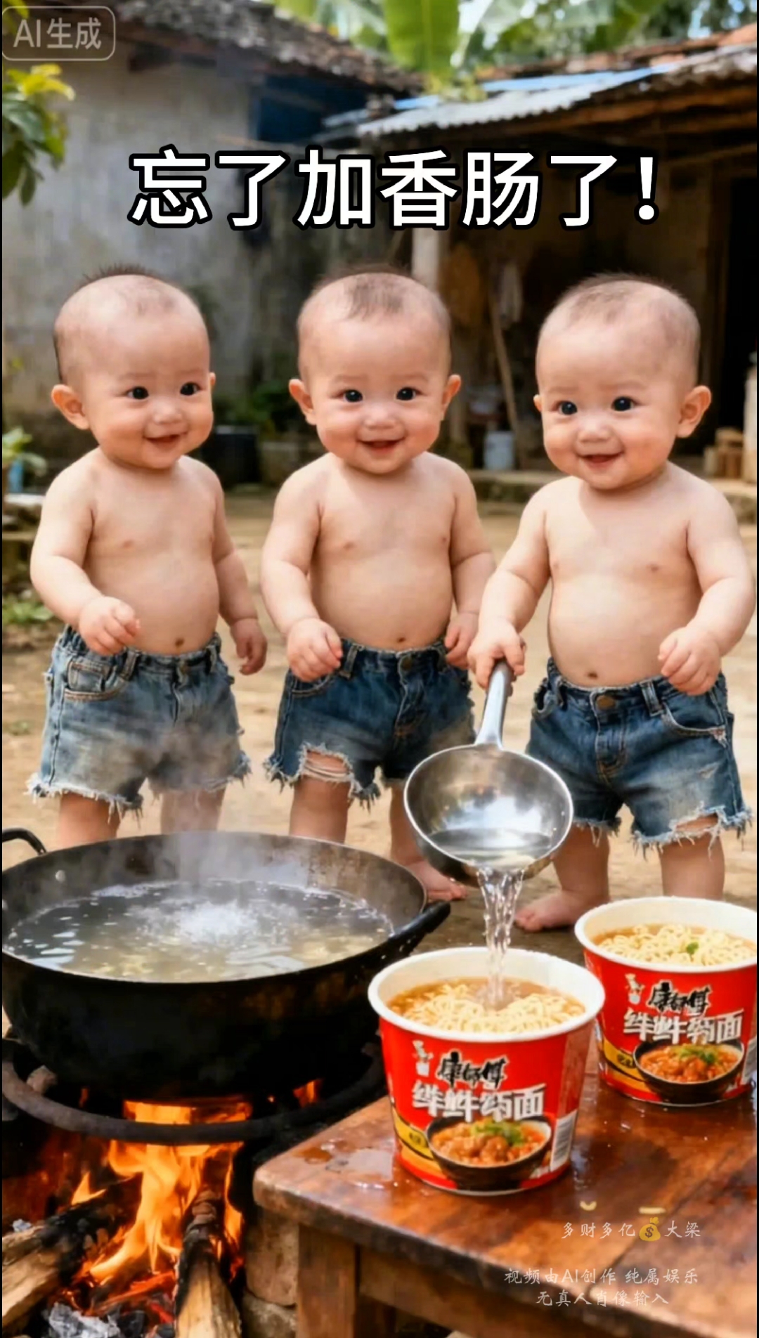 三个可爱萌娃秒变小馋猫吃方便面,吸溜吸溜得超香!