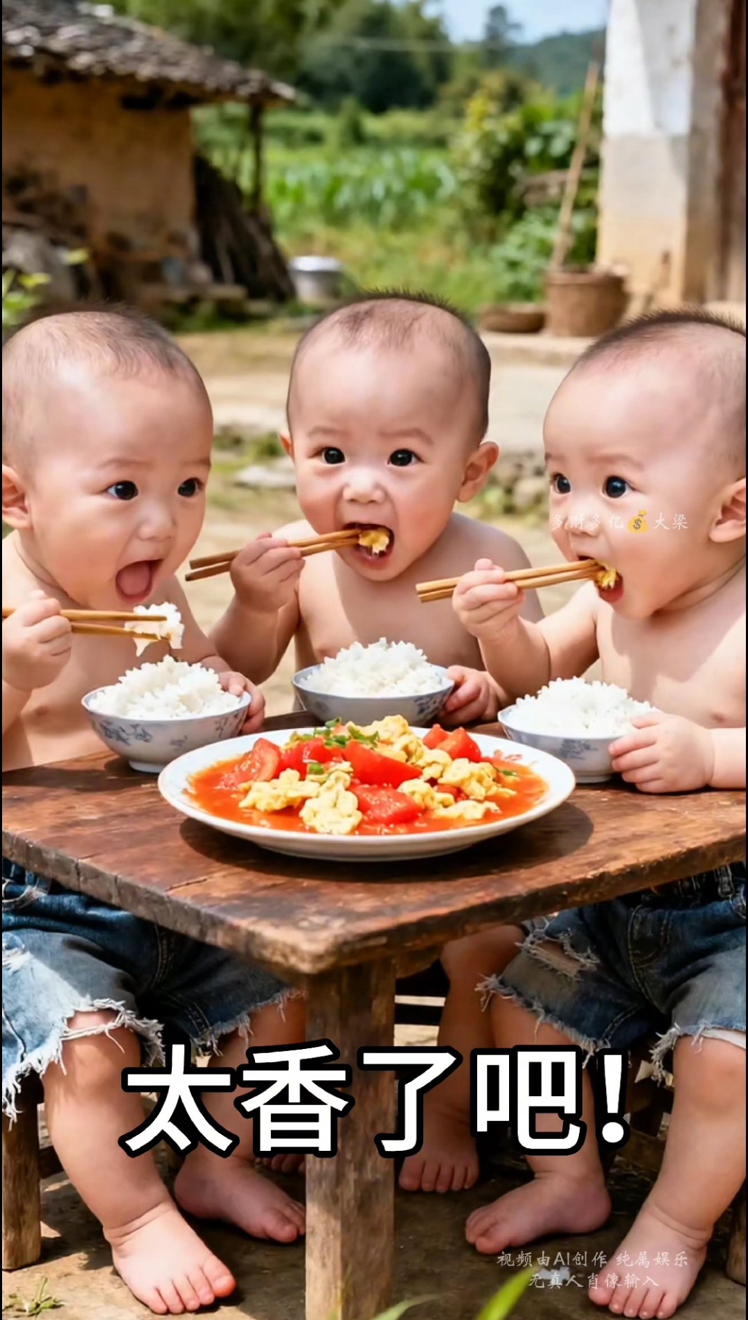 三个可爱萌娃做西红柿炒鸡蛋配米饭吃,过程搞笑又治愈!