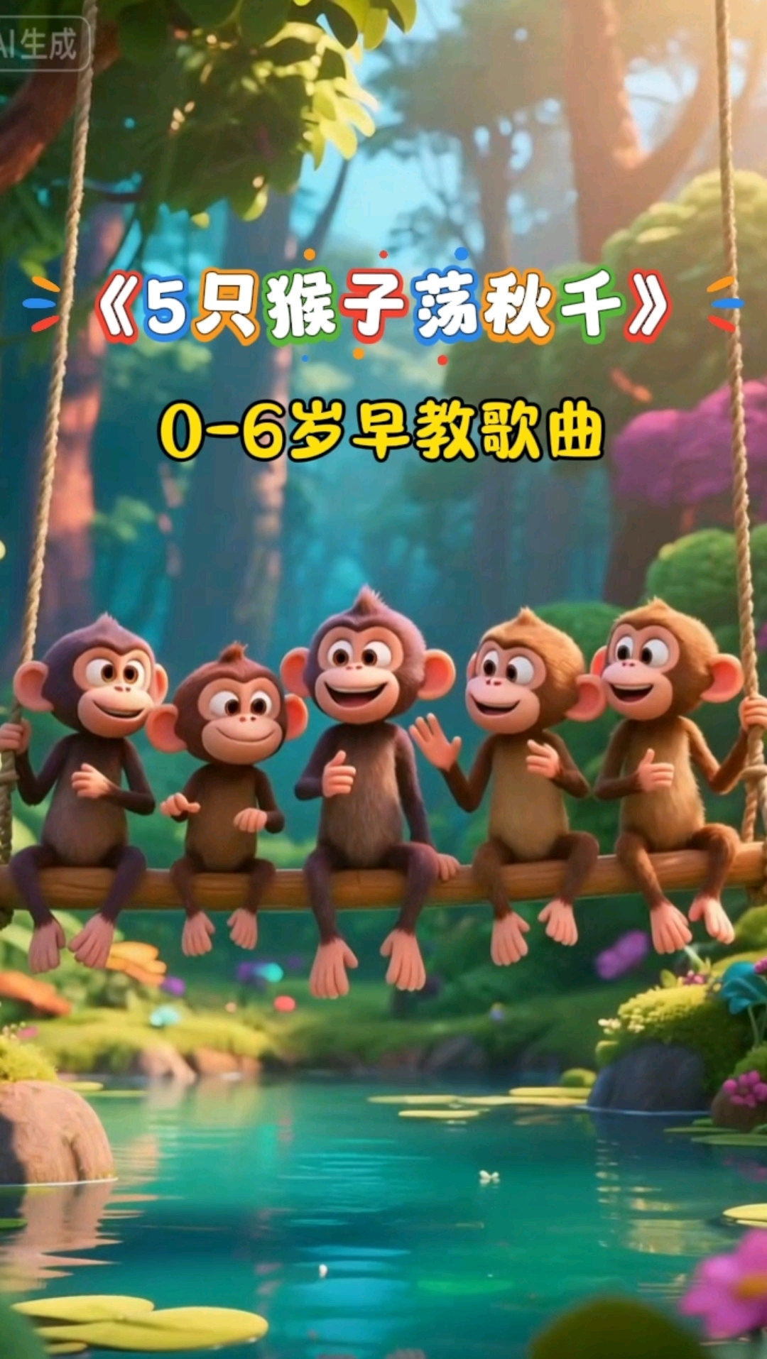 益智早教歌曲《五只猴子荡秋千》五只猴子荡秋千,嘲笑鳄鱼被水淹