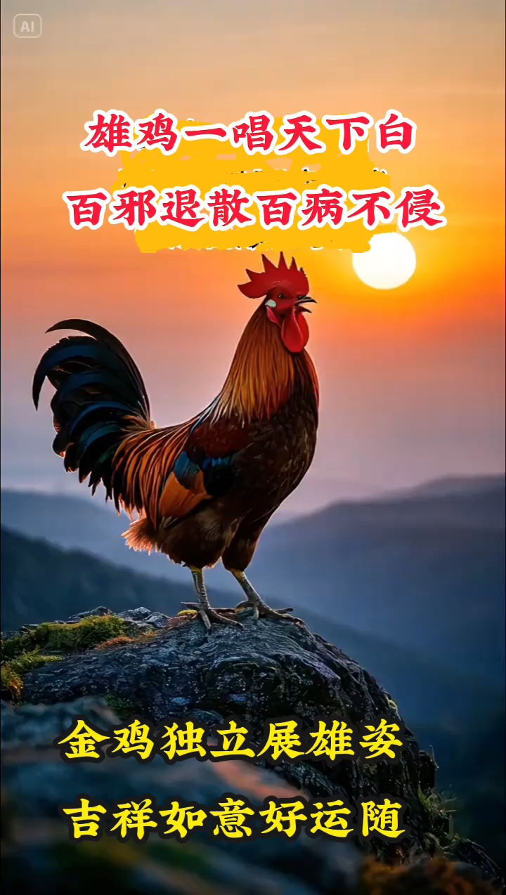 金鸡啼鸣报吉祥,花开富贵映朝阳