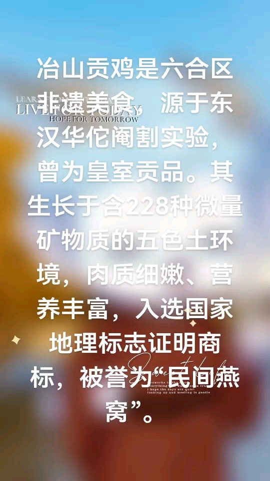 冶山贡鸡是六合区非遗美食,源于东汉。