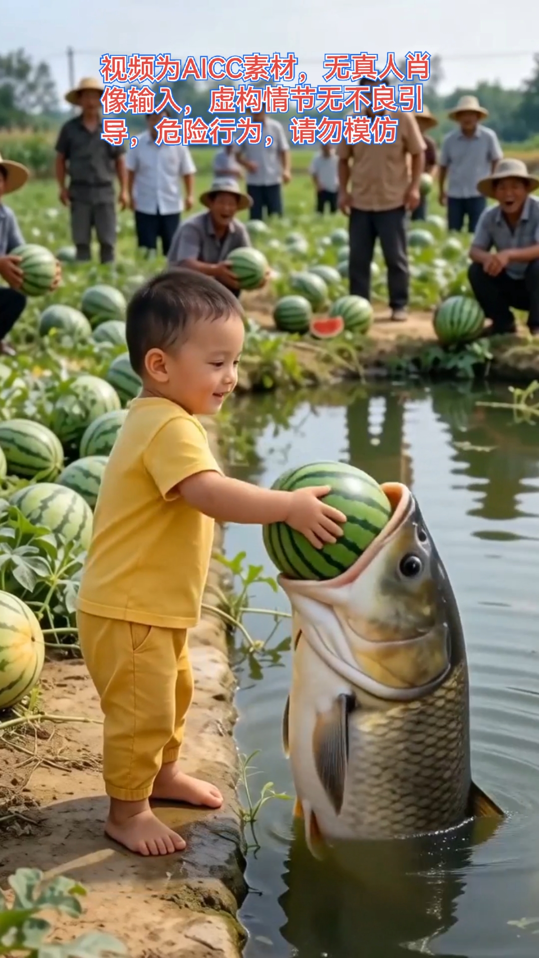 农村西瓜地 小孩儿喂鱼吃西瓜