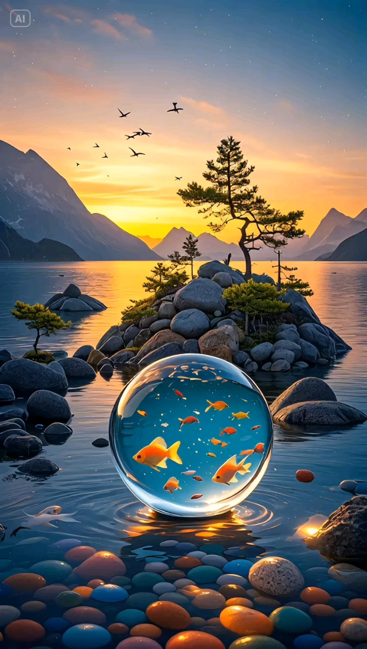 日落时分,蓝色湖水,湖底彩色鹅卵石,透明玻璃球透视一群鱼在游