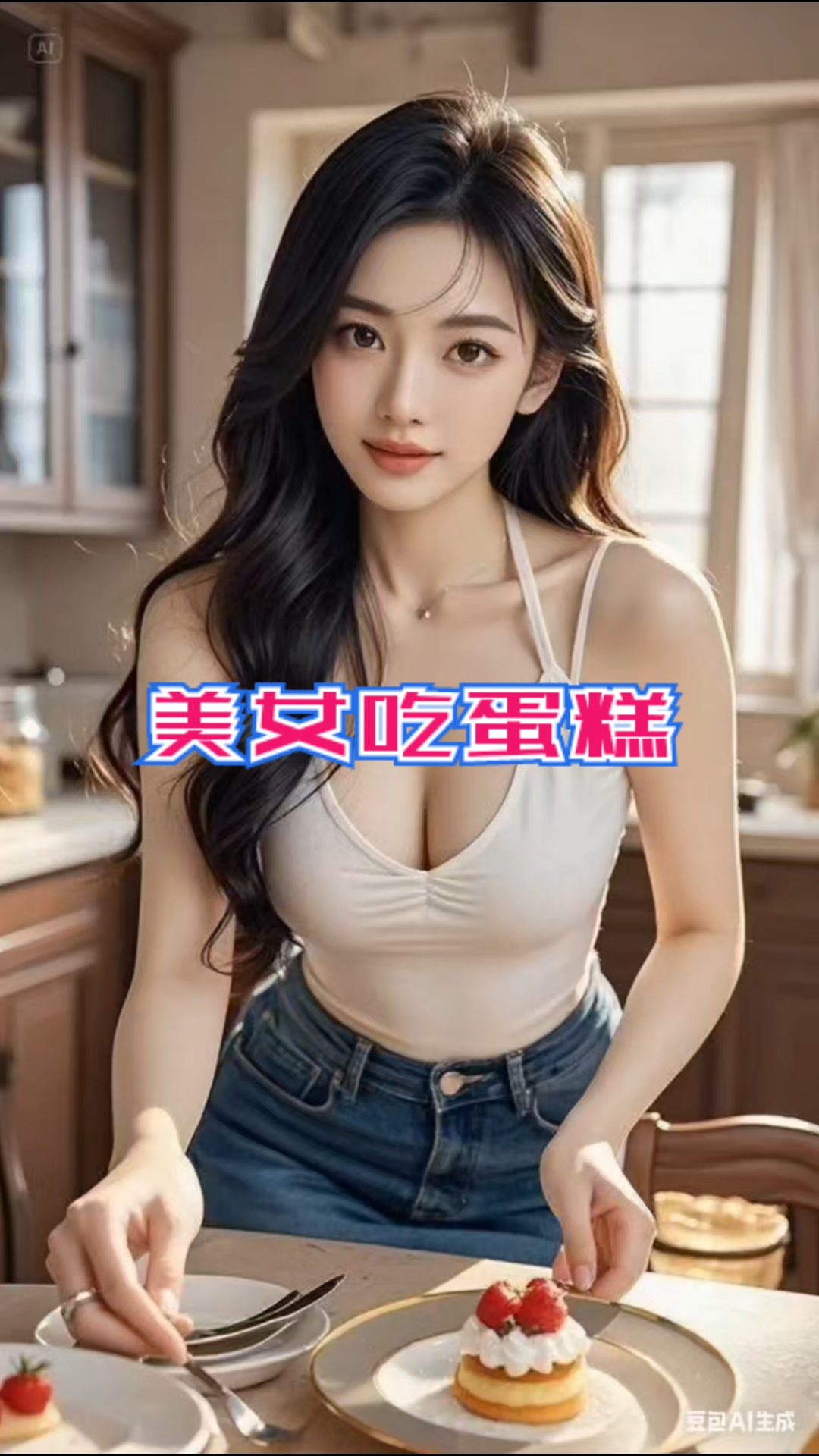 美女吃蛋糕。