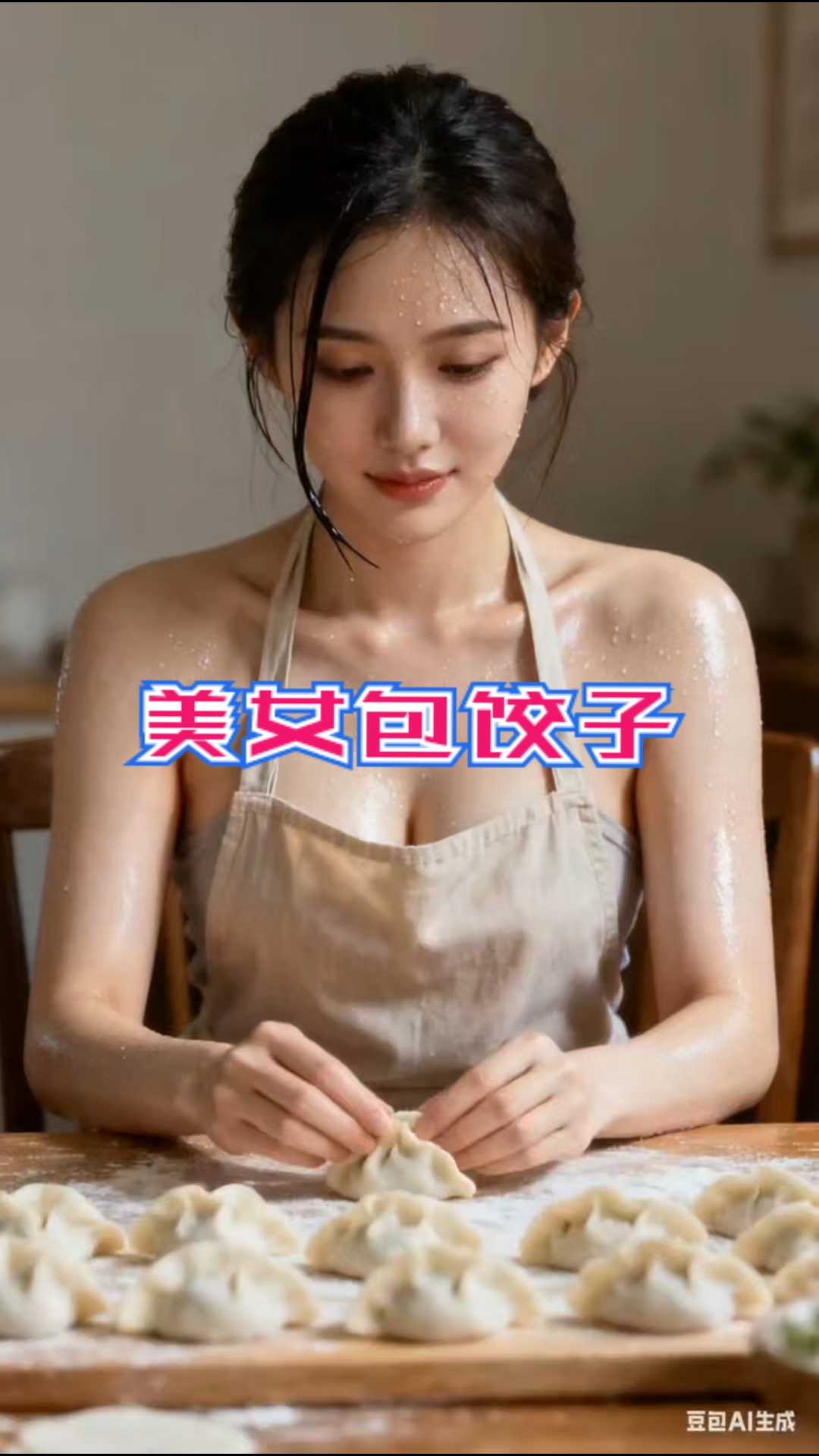 美女包饺子,手作美食,幸福满满。