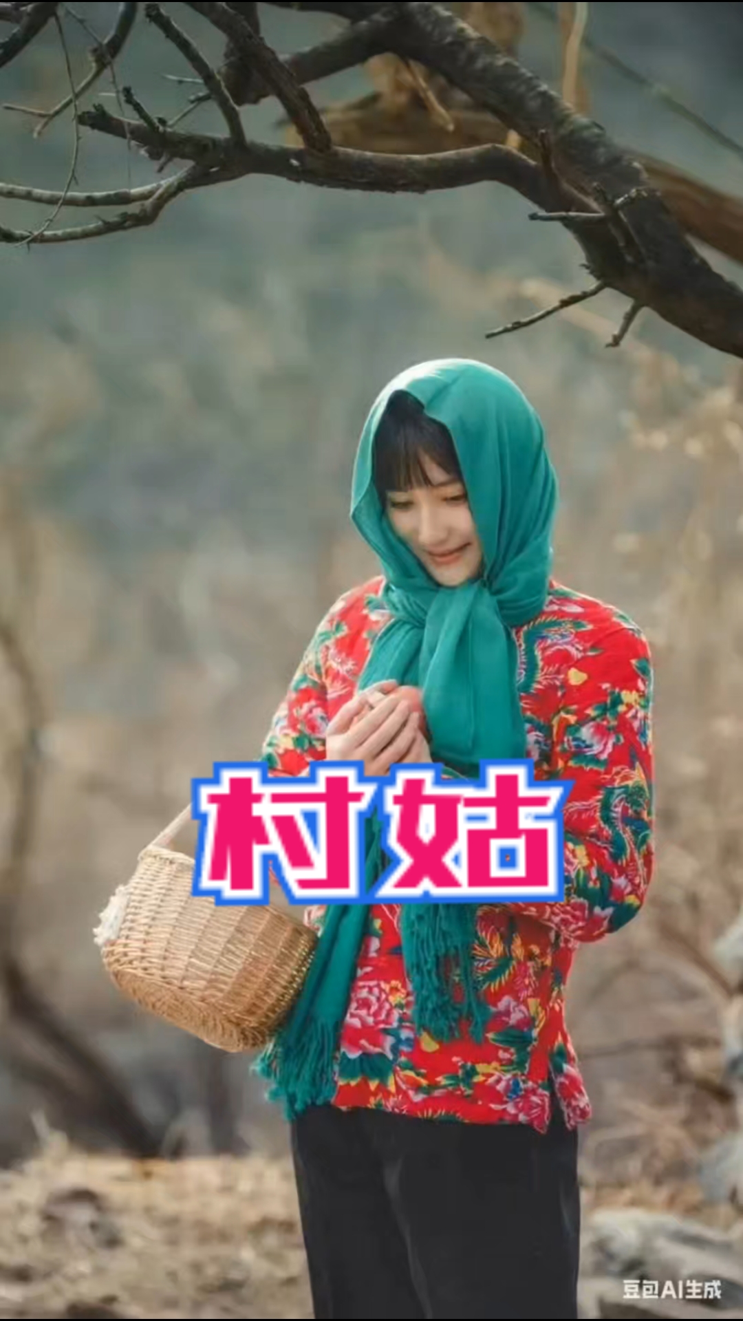 年轻的村姑,手捧的鸡蛋,在村口等待心爱的人。