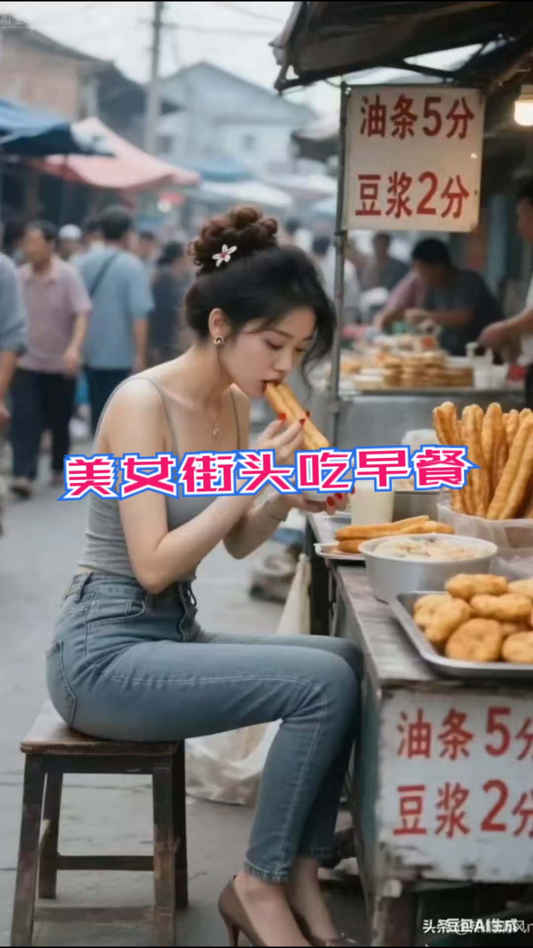 美女街头吃早餐。由AI生成。