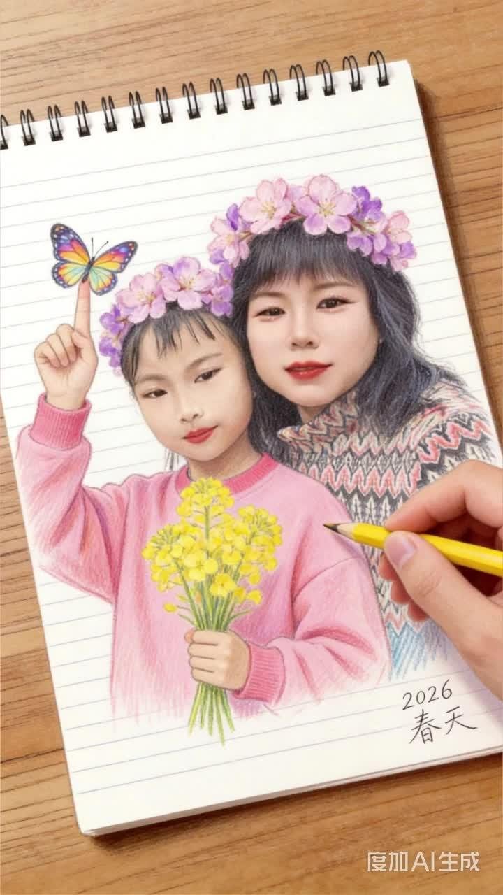 手捧油菜花的孩子，和她的妈妈