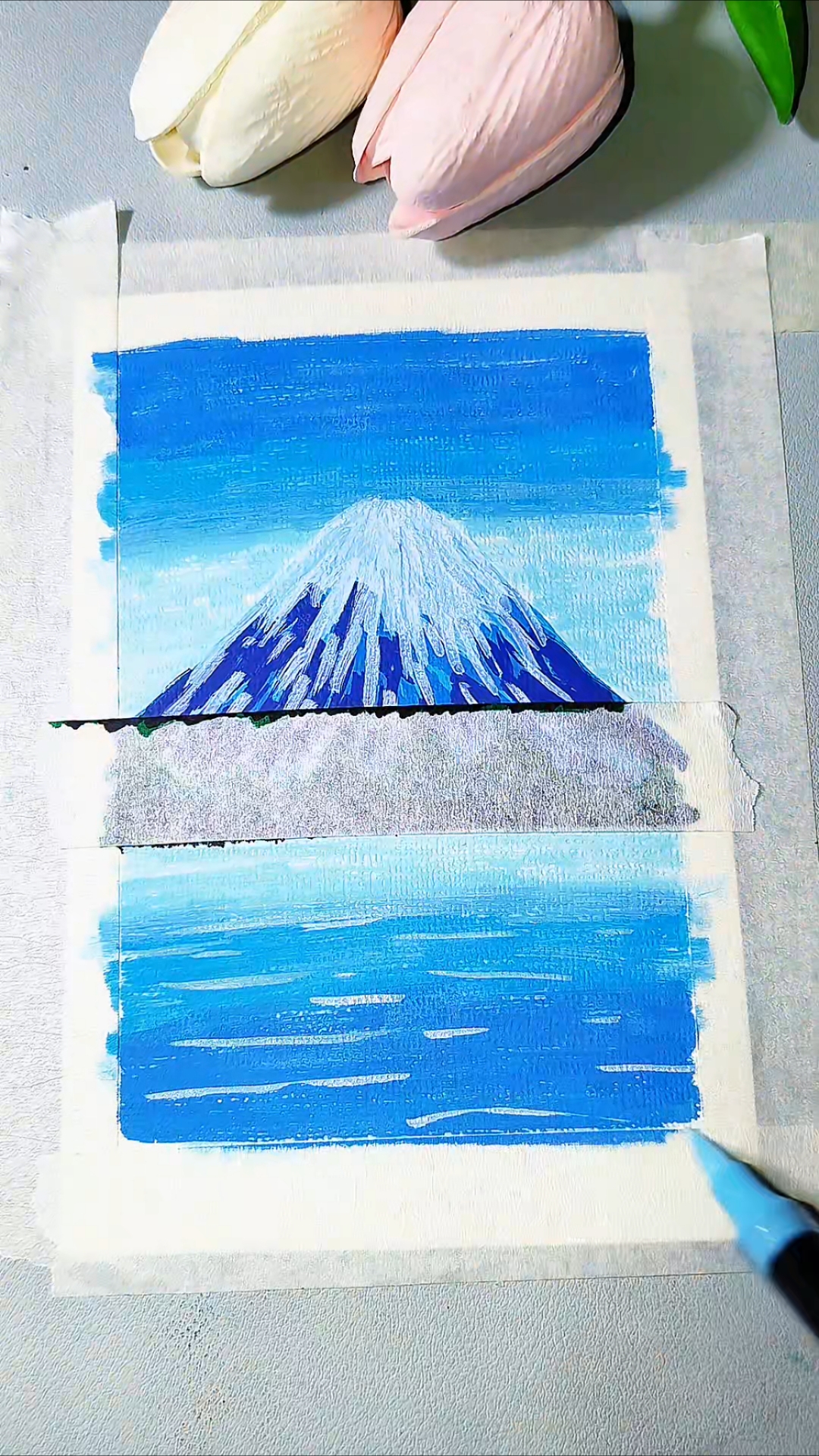 和爸爸比赛画雪山，丙烯马克笔风景画，儿童画