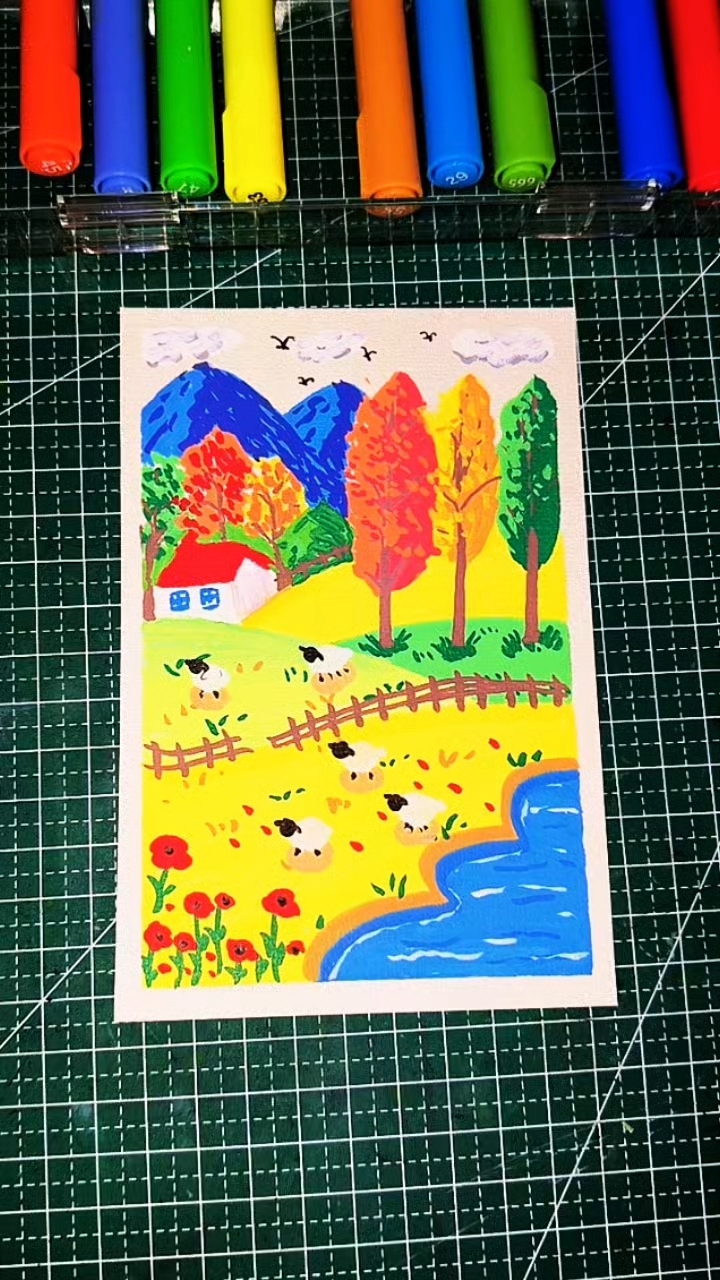 秋天主题画，秋天风景画，儿童画，丙烯马克笔画画
