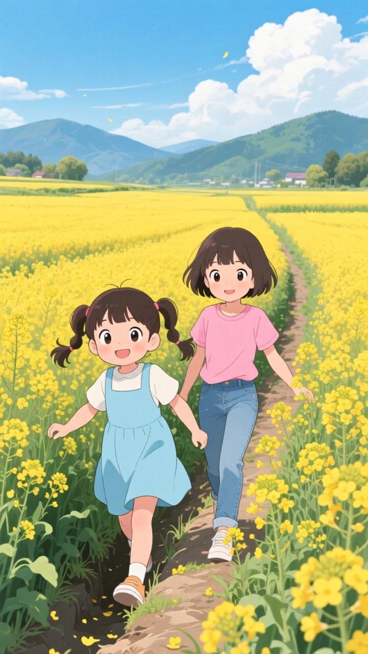 油菜花田追蜜蜂，姐妹俩的春日童趣