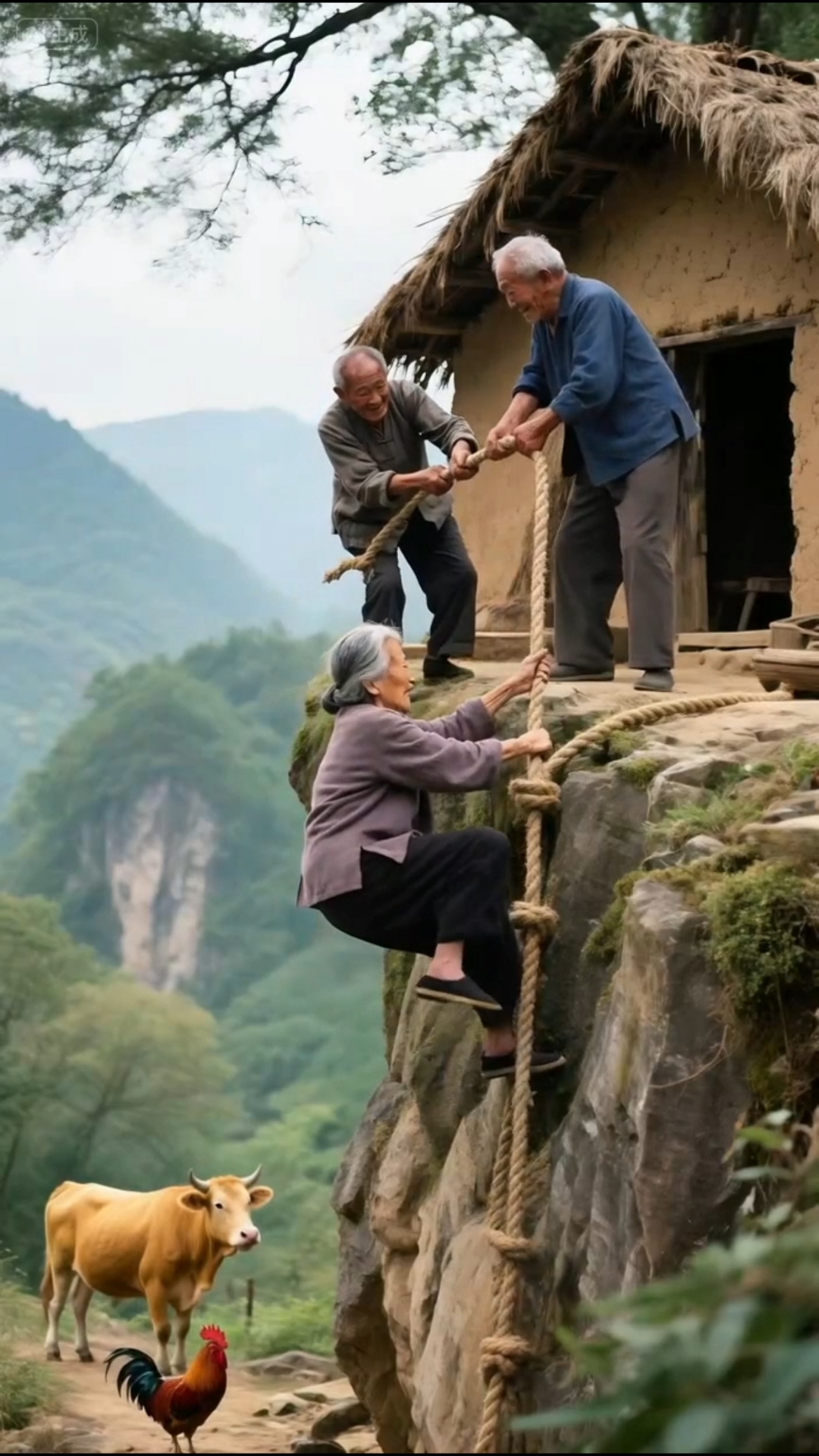 溪边牛背鸡相随，山径人扶老伴行。