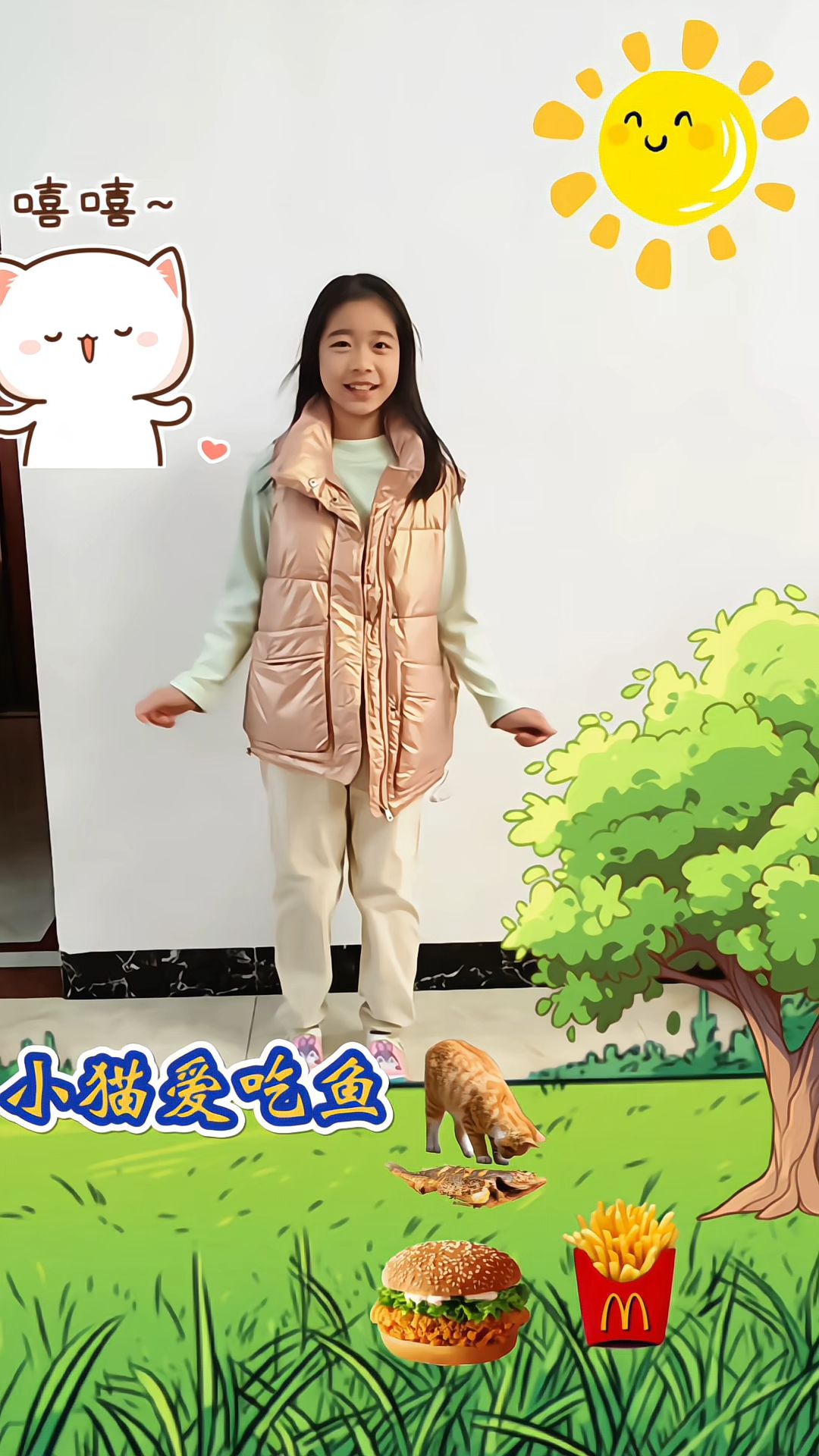 小猫不喜欢吃薯条和汉堡。原来小猫喜欢吃鱼。#猫咪 #儿童动画
