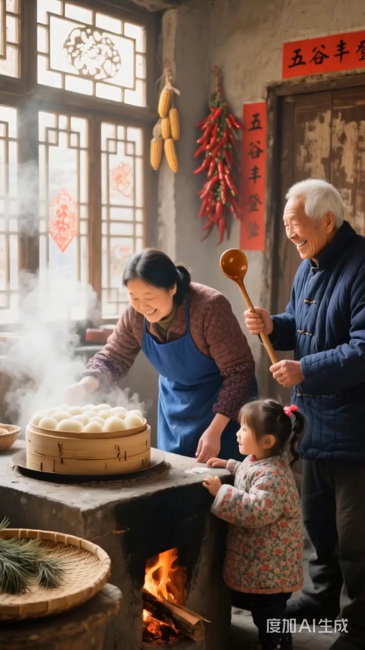 老奶奶和孙子孙女在厨房做饭
