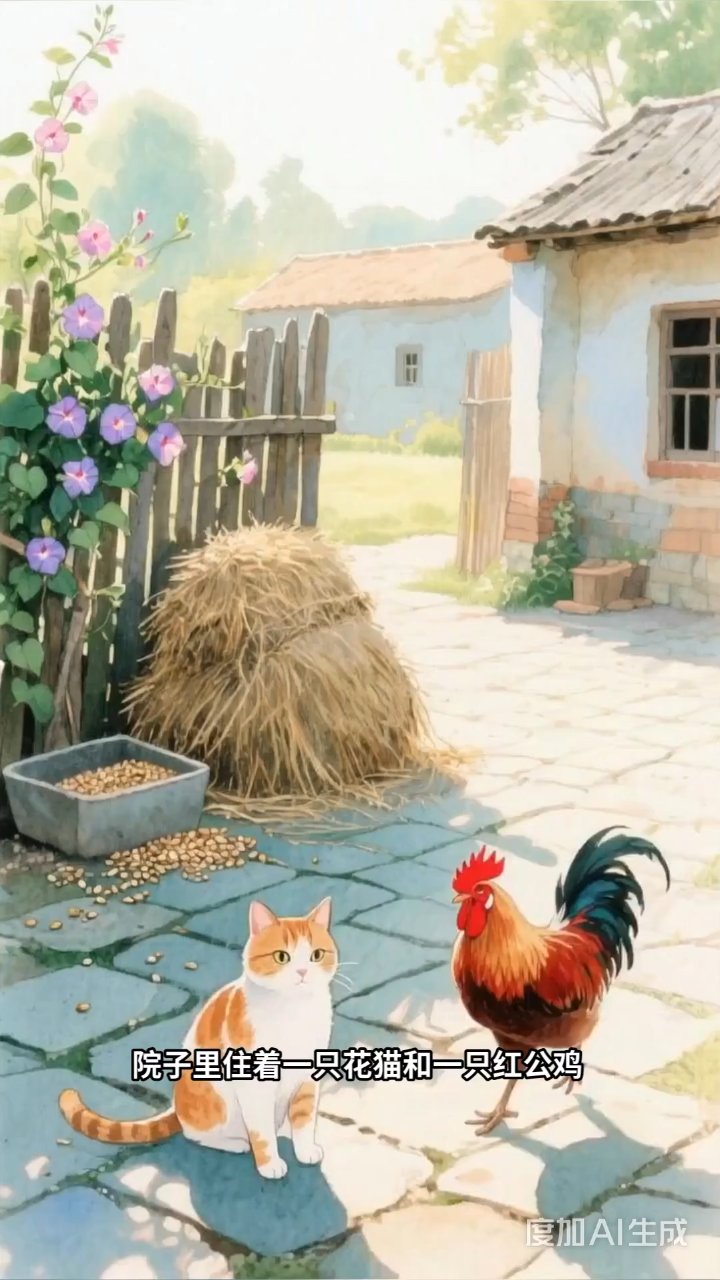 花猫偷食惹怒红公鸡,篱笆大战上演羽毛满天飞
