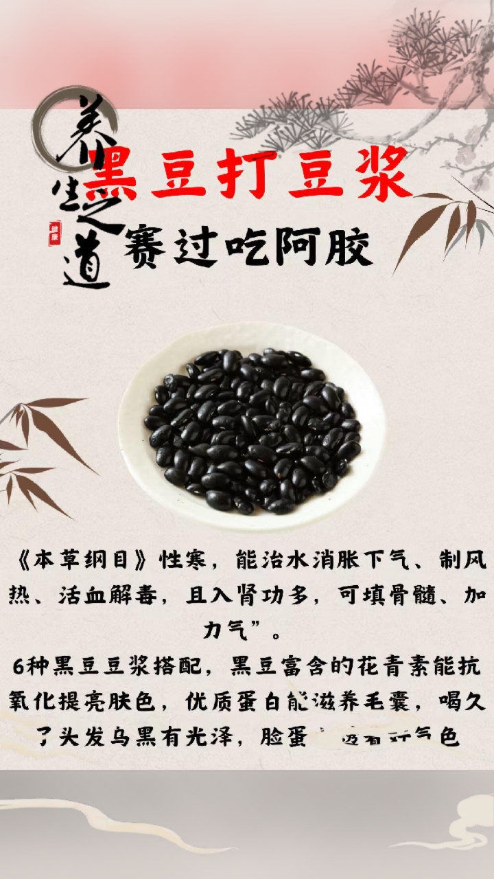 黑豆豆浆养肾乌发,搭配黑芝麻黑米枸杞桑葚,抗氧化亮肤补气血。