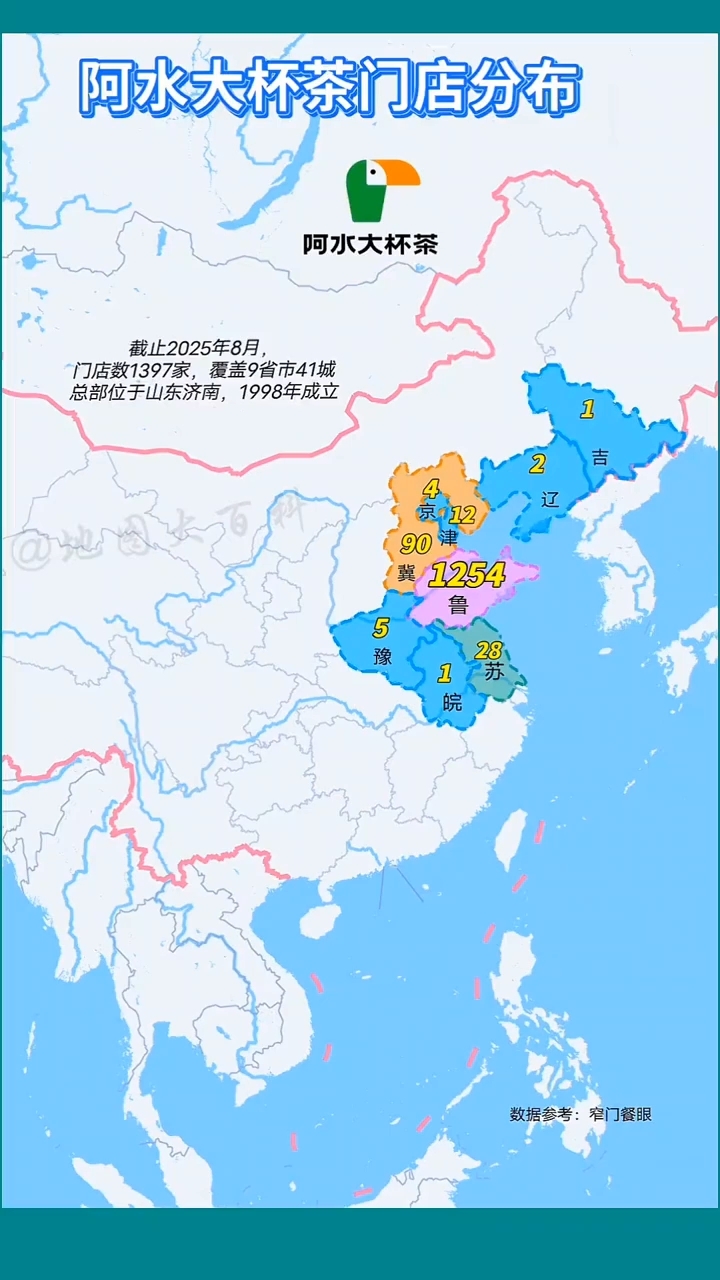 阿水大杯茶各省门店分布。创立于1998年，总部位于济南