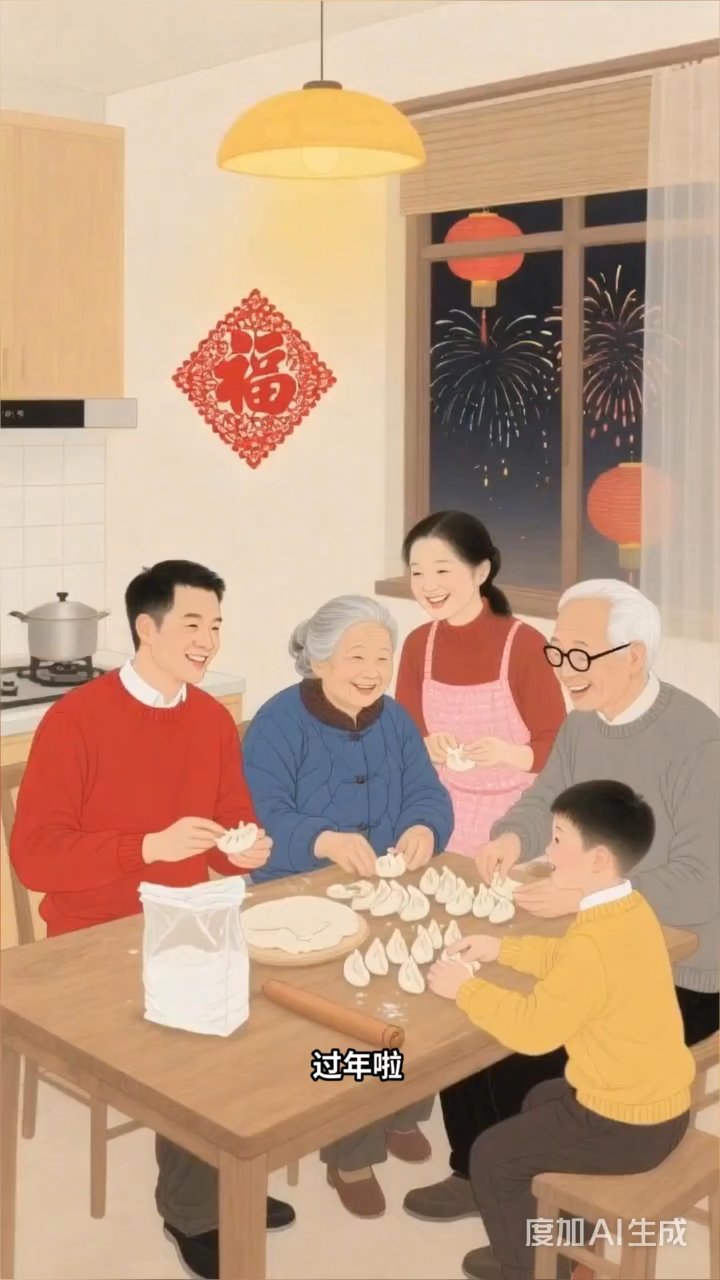 全家包饺子迎新春,擀皮捏馅乐融融