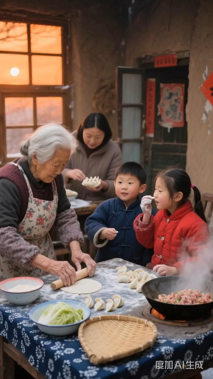 全家人包饺子