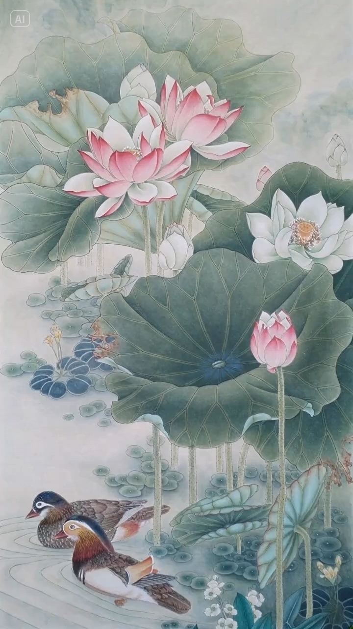 鸳鸯荷花,工笔画,90*120