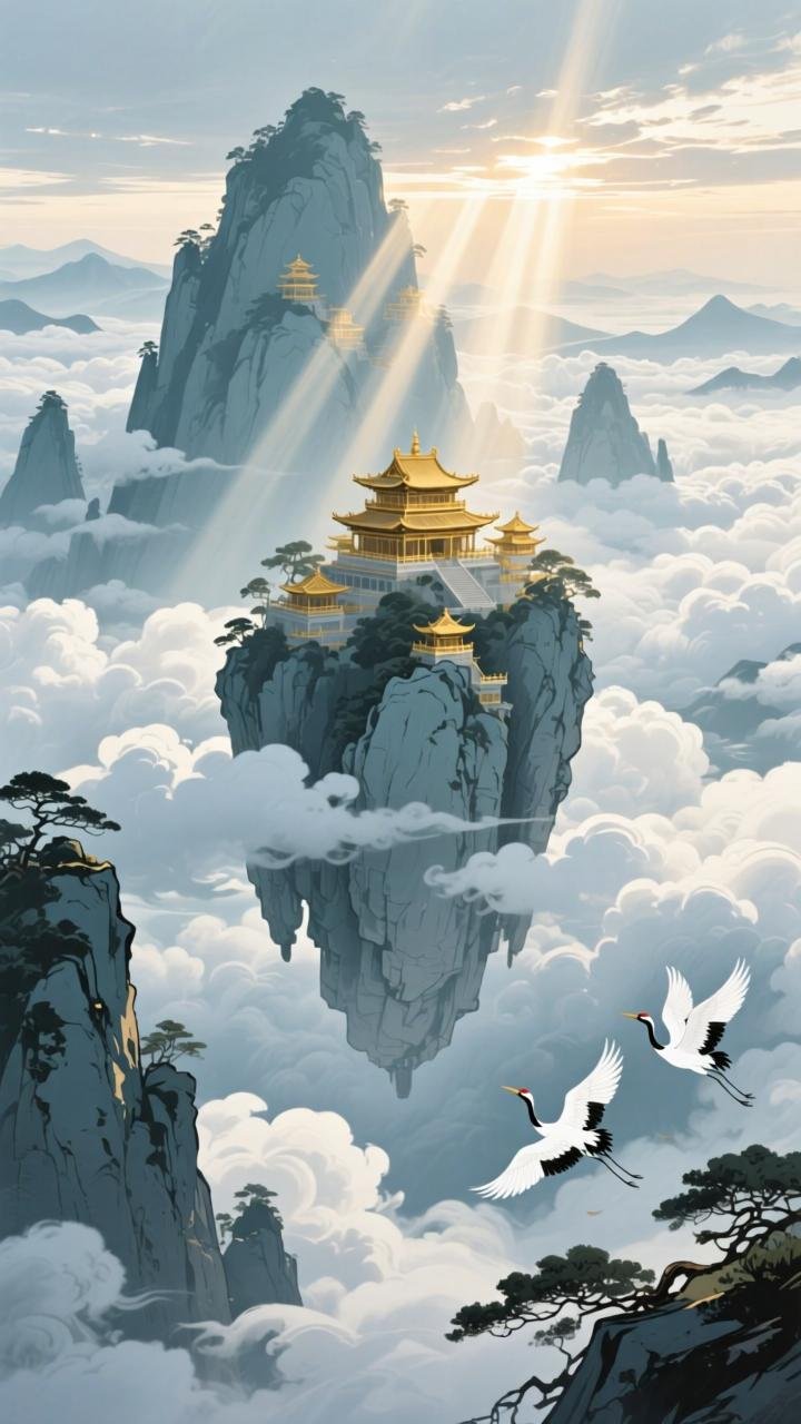 仙山琼阁隐现云海,流光溢彩宛若幻境#高清动态壁纸# #云雾缭绕山# #古风意境美#